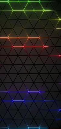 Enhance your phone with a captivating live wallpaper that features a dark rainbow geometric abstract art wall illuminated by intricate lights for a stunning display