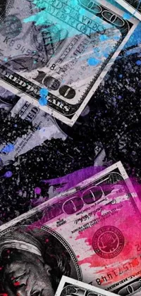 Add some colorful flair to your phone with this lively wallpaper of a pile of cash! With a vibrant purple drink in the foreground, this design features dynamic paint splashes and detail giving it the perfect touch of quirkiness