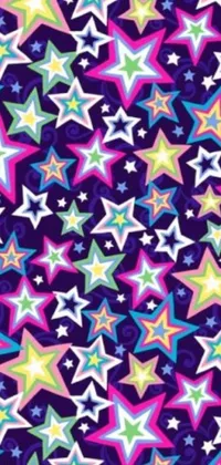 Jazz up your phone background with a colorful live wallpaper featuring a Lisa Frank-like pattern of multicolored stars on a deep purple backdrop