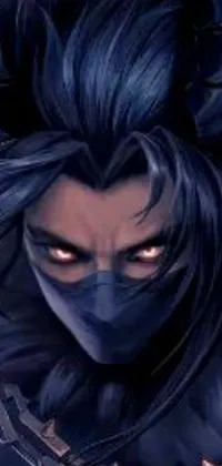 This phone live wallpaper displays a close-up of someone with blue hair in a Venom symbiote design with a samurai demon mask