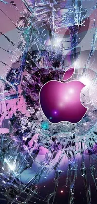 This phone live wallpaper features digital art of a broken glass window with an apple in it