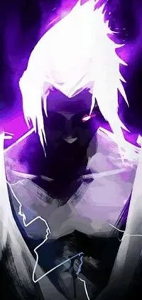 This live wallpaper showcases a striking white-haired man standing against a captivating purple light