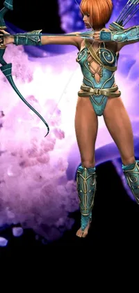 This metallic cyan bodysuit live wallpaper features a powerful female figure wielding a bow and arrow