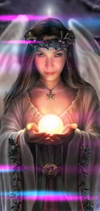 Illuminate your screen with this lovely live wallpaper depicting a celestial figure holding a radiant, sparkling sphere