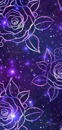 This phone live wallpaper is a stunning digital art creation featuring a bunch of purple roses set against a vibrant purple and starry space background