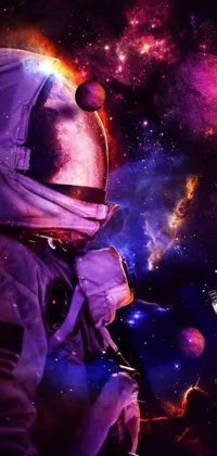 This phone live wallpaper showcases a mesmerizing digital art of a smoking man in a space suit suspended on a futuristic chair