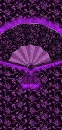This phone live wallpaper showcases a stunning purple fan resting on a vintage table amid a blacklight-inspired damask background