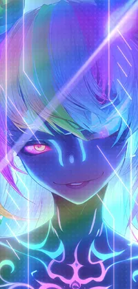This stunning live wallpaper features an enigmatic figure with vibrant, multi-hued hair and an eerie, glowing expression