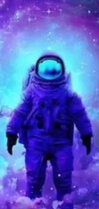 This phone live wallpaper showcases a stunning digital art image of an astronaut in a space suit standing amidst blue and purple clouds