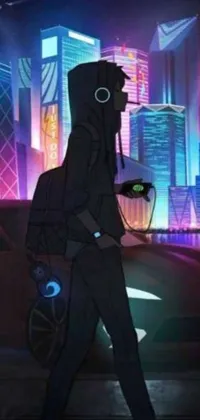 This phone live wallpaper features a mesmerizing cyberpunk art scene depicting a man in a hoodie walking through a vibrant, technologically advanced cityscape