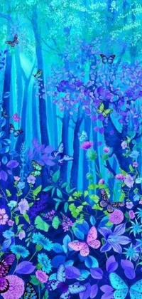 This phone live wallpaper features a vibrant blue forest backdrop with a stunning floral display