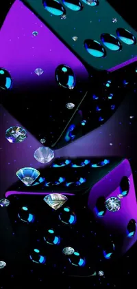 This live wallpaper for mobile phones features two metallic dice with glowing eyes on a table, designed with beautiful digital art in gradient black and purple