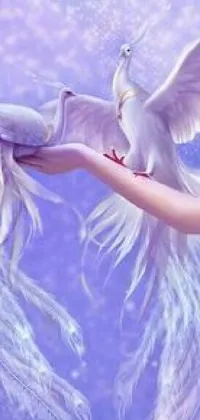 This phone live wallpaper depicts a breathtaking image of a woman holding a white bird in her hand, reaching out to each other in a serene atmosphere of love, peace, and unity