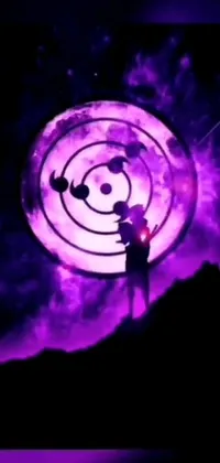 A stunning live wallpaper for your phone with a stylized figure in front of a clock and purple nebula background
