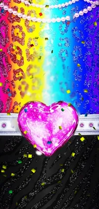Looking for a stunningly bold live wallpaper for your phone? Check out this colorful and vivid design! The wallpaper features a pink heart sitting on a black surface with a Lisa Frank inspired, digital rendering