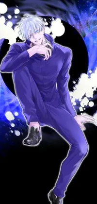 This vibrant live wallpaper portrays a fictional character donning a purple suit and black shoes