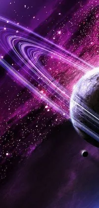 This space-themed live wallpaper features a mesmerizing scene with planets, stunning space art, purple tubes, a planet with rings, and the Milky Way galaxy in the background