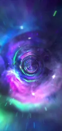 Looking for a visually stunning live wallpaper to enhance the look of your phone? This space-themed wallpaper is a definite showstopper, featuring a captivating purple and green spiral symbolizing a quantum wormhole