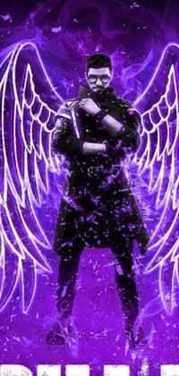 Introducing an amazing phone live wallpaper featuring an image of a man with wings standing in front of a trendy purple background