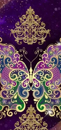 This phone live wallpaper features a gorgeous purple and gold butterfly on a matching purple background, with intricate gold elements and a psychedelic art style