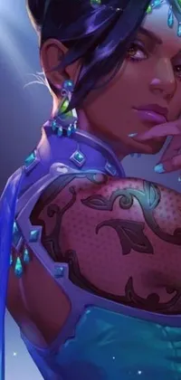 This phone live wallpaper features a mesmerizing image of a blue-skinned woman with an ornate tattoo on her arm