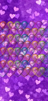 This live wallpaper for phone features a lively design of hearts in shades of pink, purple, blue, and green against a purple background
