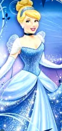 This stunning live phone wallpaper depicts a lovely blue-dressed princess in a Disney-inspired cartoon style