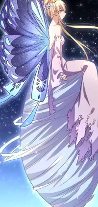 This live phone wallpaper features a woman on a ball holding a butterfly in a space-y starry setting