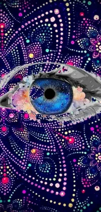 Download this mesmerizing live wallpaper for your phone featuring a close-up of an eye on a blue background, surrounded by a pointillism painting with psychedelic art, stars, and paisley patterns
