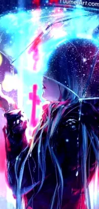 This phone live wallpaper features a stunning cyberpunk-inspired artwork of a woman with an umbrella in the rain