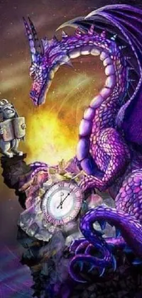 This phone live wallpaper features a purple dragon sitting on a rock next to a clock