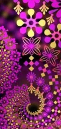 This stunning live wallpaper features purple and gold snowflakes on a black background, with beautiful digital art elements in bright shades of pink and orange