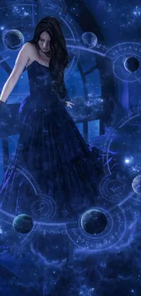 This phone live wallpaper depicts a woman in a flowing dress standing before a clock