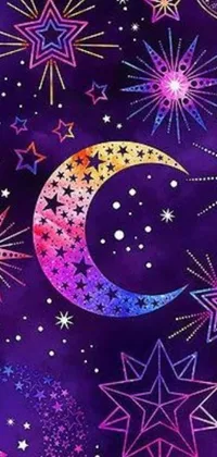 This phone live wallpaper features a purple background with stunning crescents, stars, and fireworks that fill the scene with vivid colors and shimmering lights