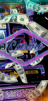 This phone live wallpaper features a colorful casino machine overflowing with piles of money