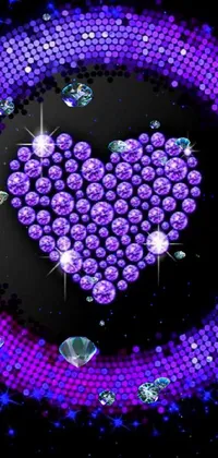 This live wallpaper features a vibrant purple heart surrounded by shimmering stars on a sleek black background