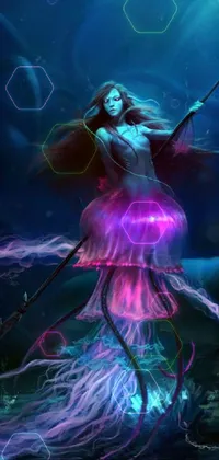 This breathtaking live wallpaper features a mesmerizing fantasy scene of a woman standing on top of a body of water, surrounded by sparkling jellyfish