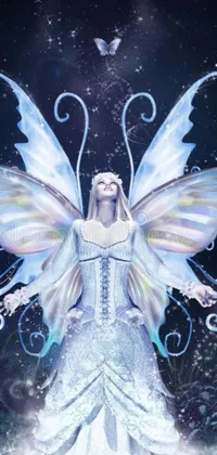Looking for an enchanted live wallpaper for your phone? This digital art design features a fairy dressed in a winter outfit standing in the snow, surrounded by iridescent radiance and sparkles
