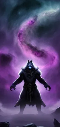 This phone live wallpaper displays a stunning artwork of a furry dark warrior standing near a purple and blue galaxy