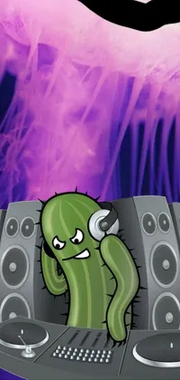 Looking for a quirky and vibrant live wallpaper for your phone? Look no further than this cartoon alien DJing in front of a jellyfish in a surreal nightclub scene