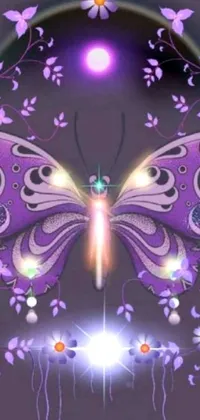 Get mesmerized by this live wallpaper for your phone featuring a stunning digital art of a purple butterfly on a purple flower