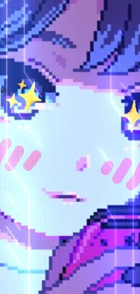 This phone live wallpaper is a stunning work of pixel art depicting a girl with stars on her eyes
