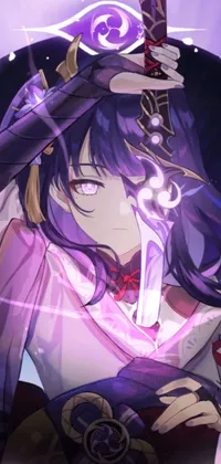 This phone live wallpaper showcases a captivating image of a sword-wielding figure donning a white dress and striking purple eyes