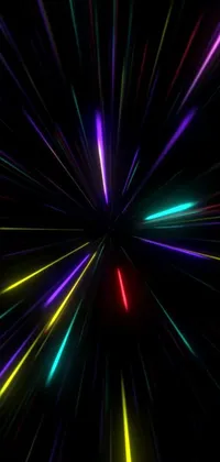 This phone live wallpaper features an awe-inspiring raytraced image of colorful light streaks against a black background, illuminated by vibrant neon stars bursting with light