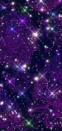 This live phone wallpaper showcases a tumblr-inspired, digital art edition with an intricate wiccan spectrum, showcasing the deep purple and black galaxy, filled with glittering stars