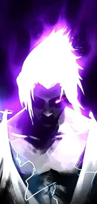 This live wallpaper features a fierce character with striking white hair standing in front of a purple light