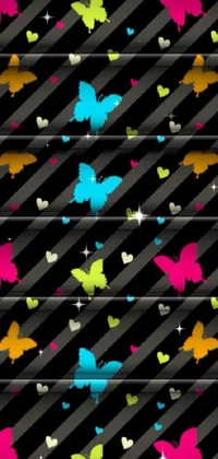 This phone live wallpaper boasts a splendid staircase embellished with a profusion of colorful butterflies, set against a stunning dark backdrop