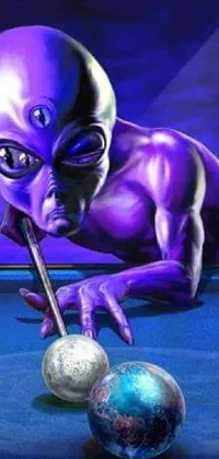 This is a captivating live wallpaper for mobile devices featuring an alien engaging in a game of pool