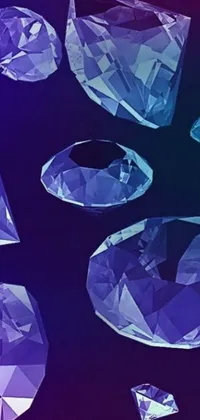 This blue and violet-themed live phone wallpaper showcases a stunning arrangement of diamonds on a table against a vivid geometric background
