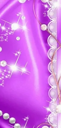 This phone live wallpaper is a stunning piece of digital art featuring a purple background adorned with shining pearls and a beautiful ribbon